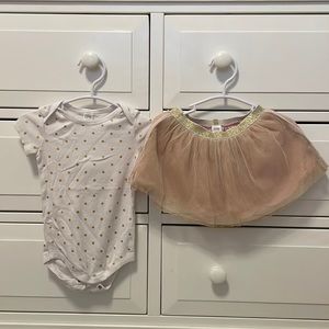 9 mos polka dot onesie with pink and gold glitter tulle skirt